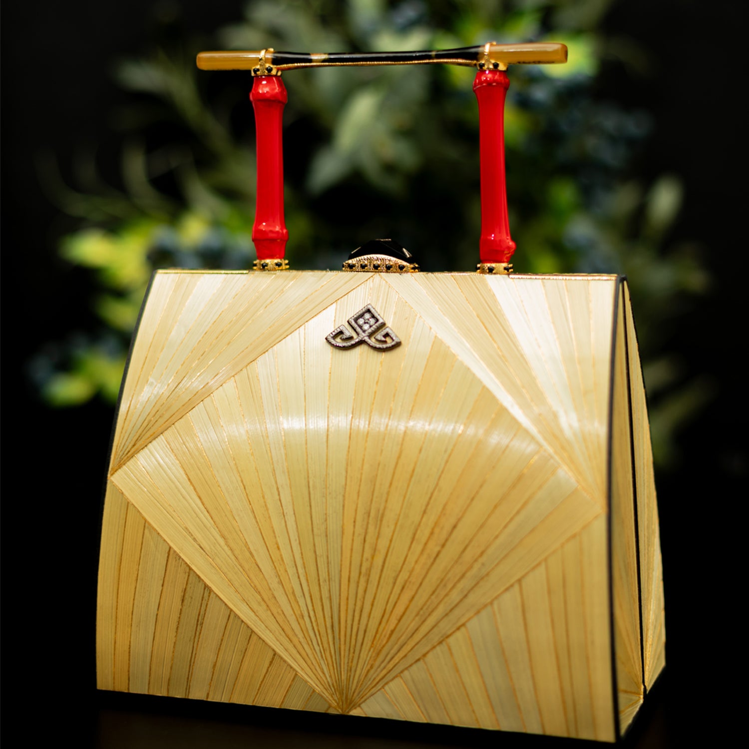 Marquetry Handbag with Onyx Kundan, Diamond and Bakelite Hair Pin Handle