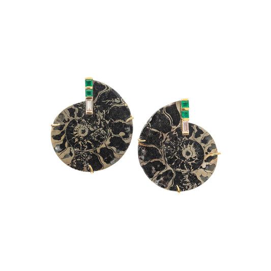 Moroccan Ammonite Fossil Earrings with Baguette Diamonds and Emeralds set atop