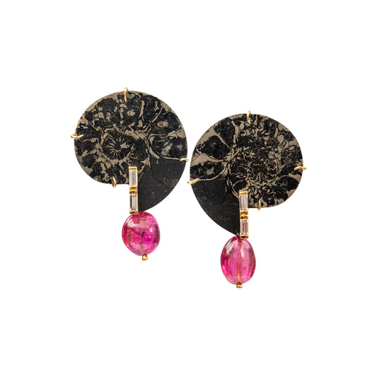 Ammonite Fossil Earrings with Baguette Diamonds and Pink Tourmaline