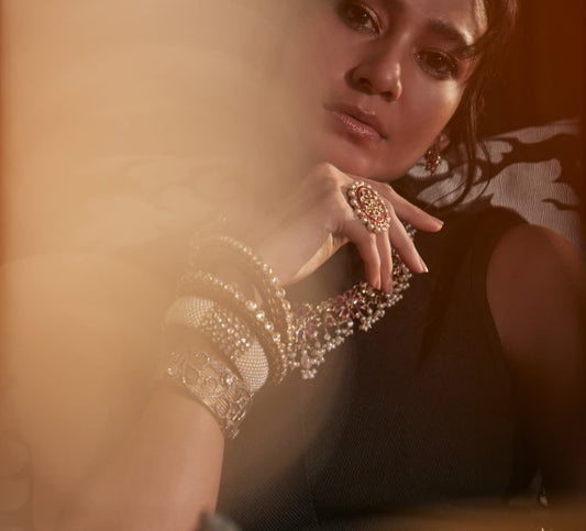 Aarsi ring with Rubies, Pearls & Diamond Polkis with Enamel in 18/22K Gold