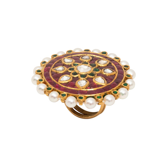 18k and 22k Gold Enamel Aarsi Ring with Rubies, Pearls and Diamond Polkis