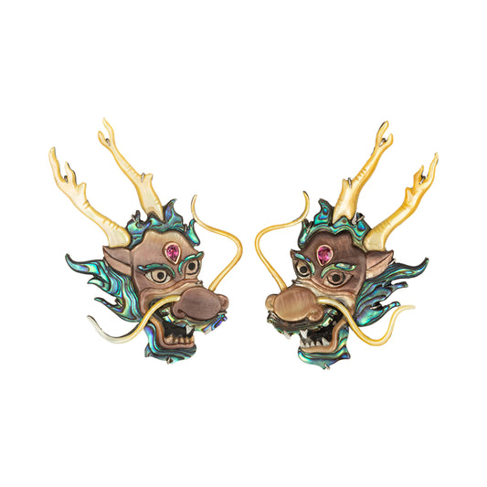 Horned Dragon Shell and Rubellite Earrings