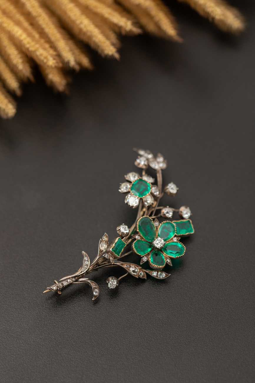 Foliage Treasure and Floral Splendor Columbian Emerald Brooch, Circa 1840
