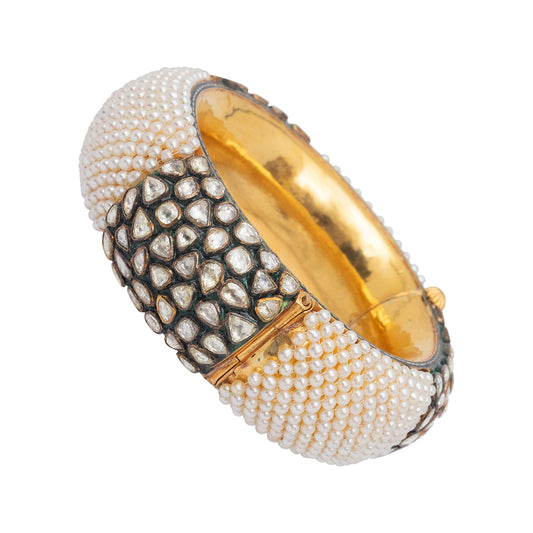 Opulent Celestial Dewdrop Pearls and Diamond Tapestry Bangle