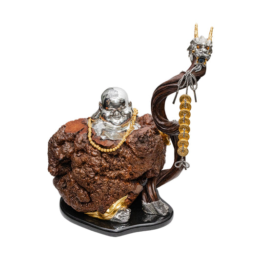Burl Wood Happy Monk with Dragon Walking Stick