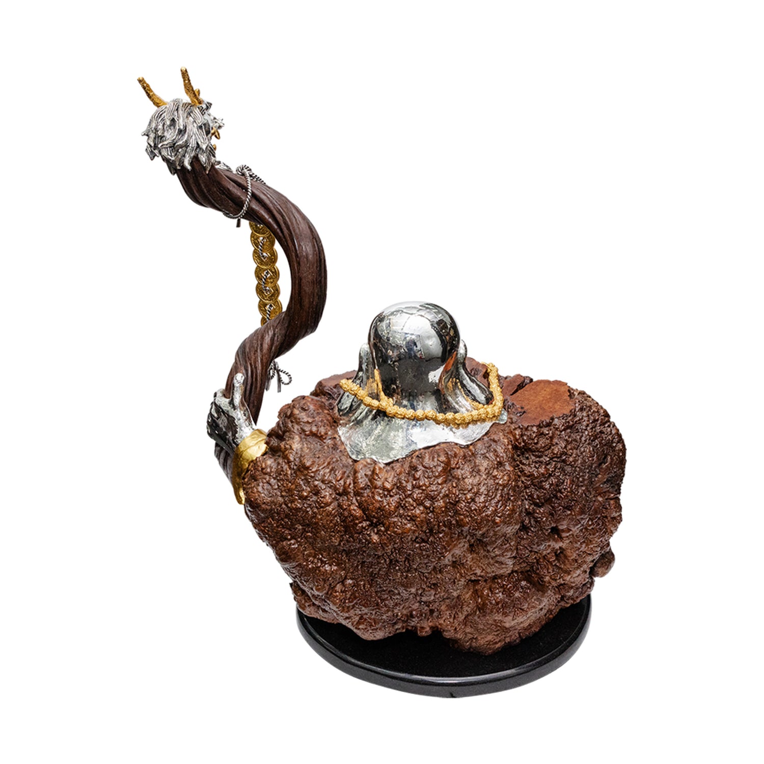 Burl Wood Happy Monk with Dragon Walking Stick