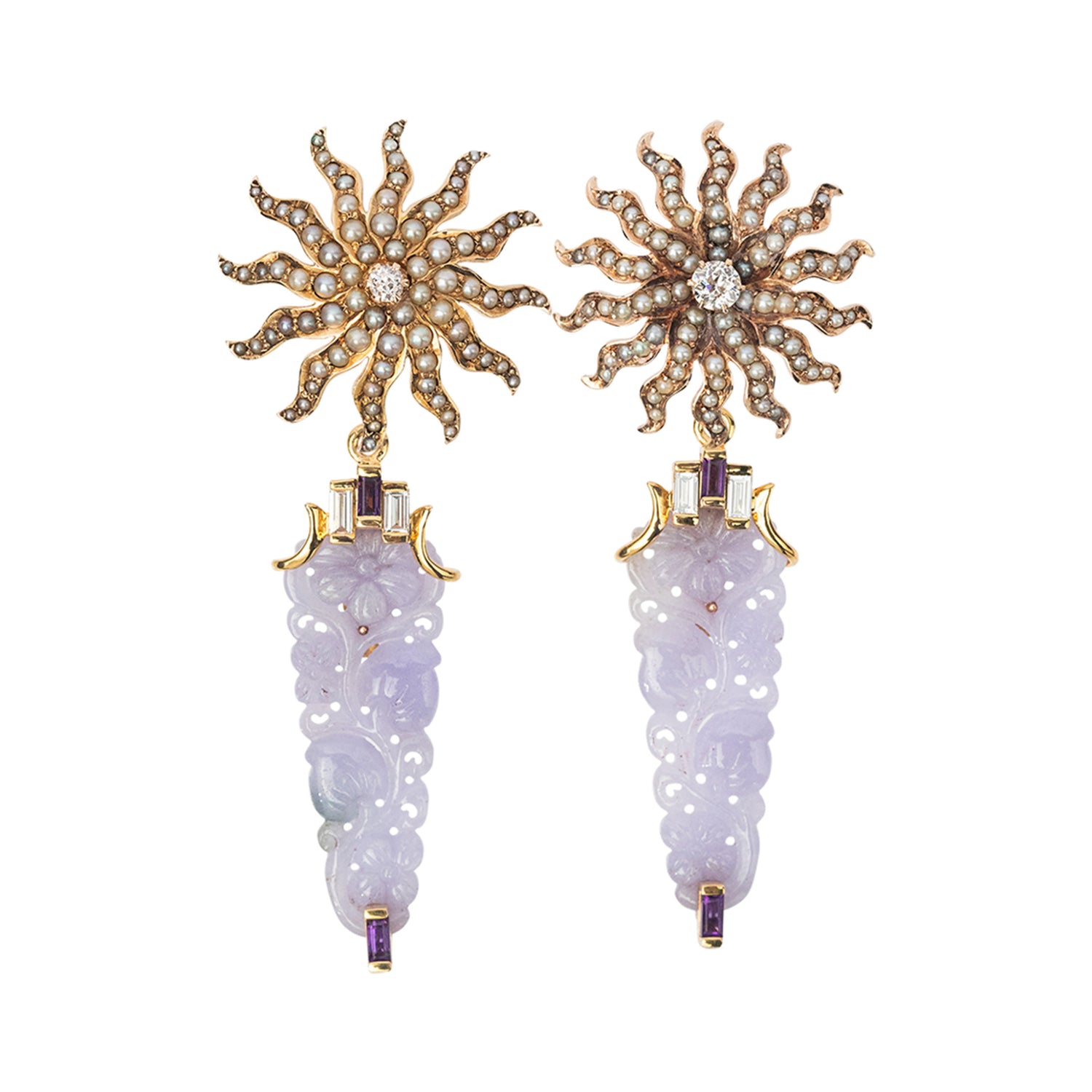 Flower pearl earring with Lavender Carved Jade, Diamond and Amethyst