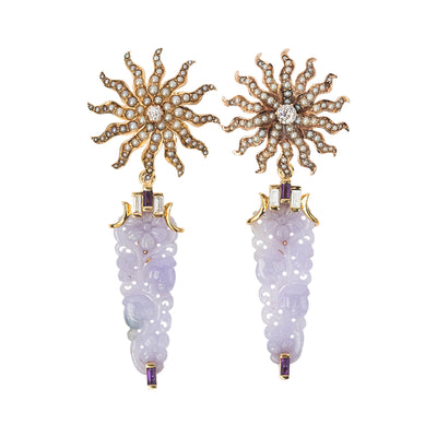 Flower pearl earring with Lavender Carved Jade, Diamond and Amethyst