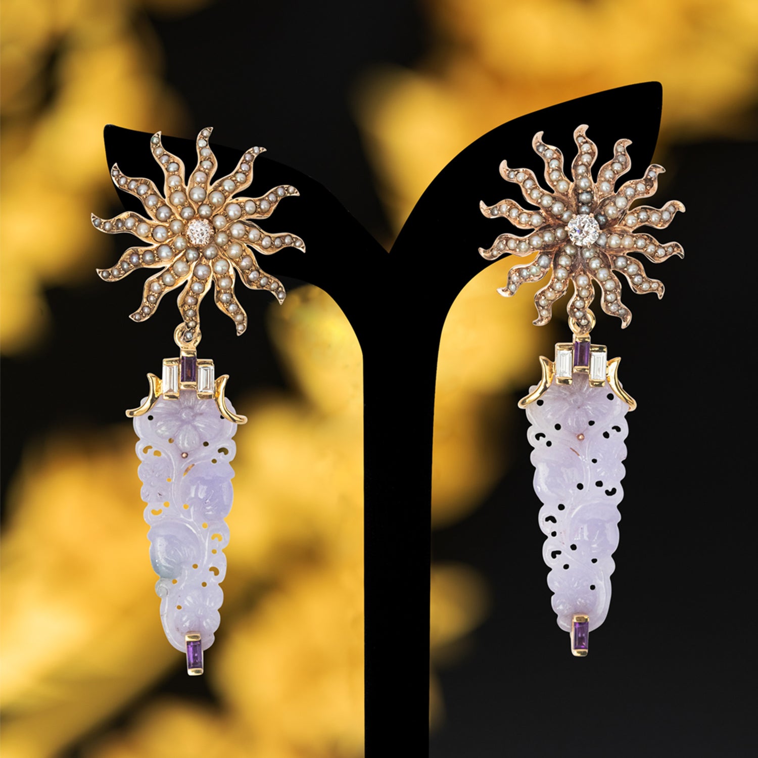 Flower pearl earring with Lavender Carved Jade, Diamond and Amethyst