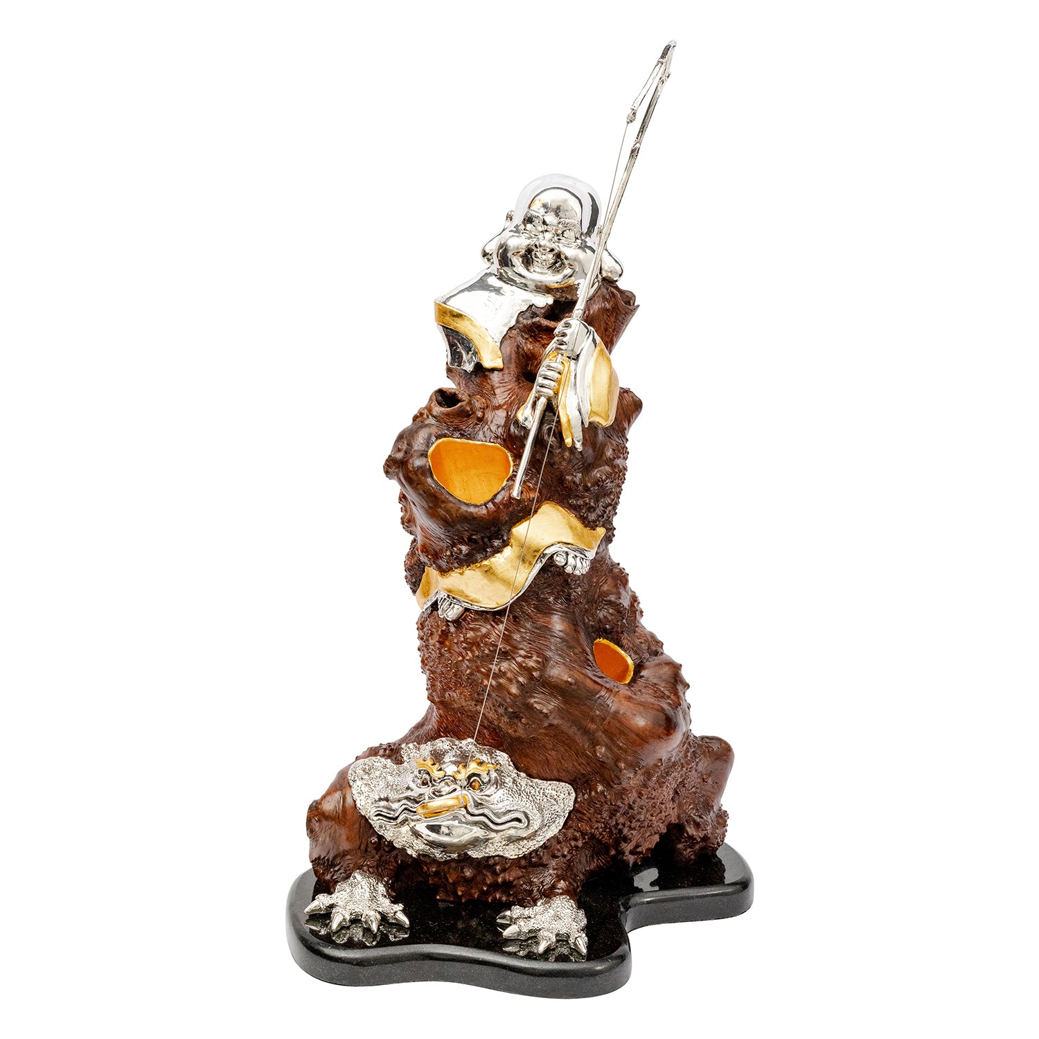 Burl Wood Happy Monk and Lucky Toad Sculpture