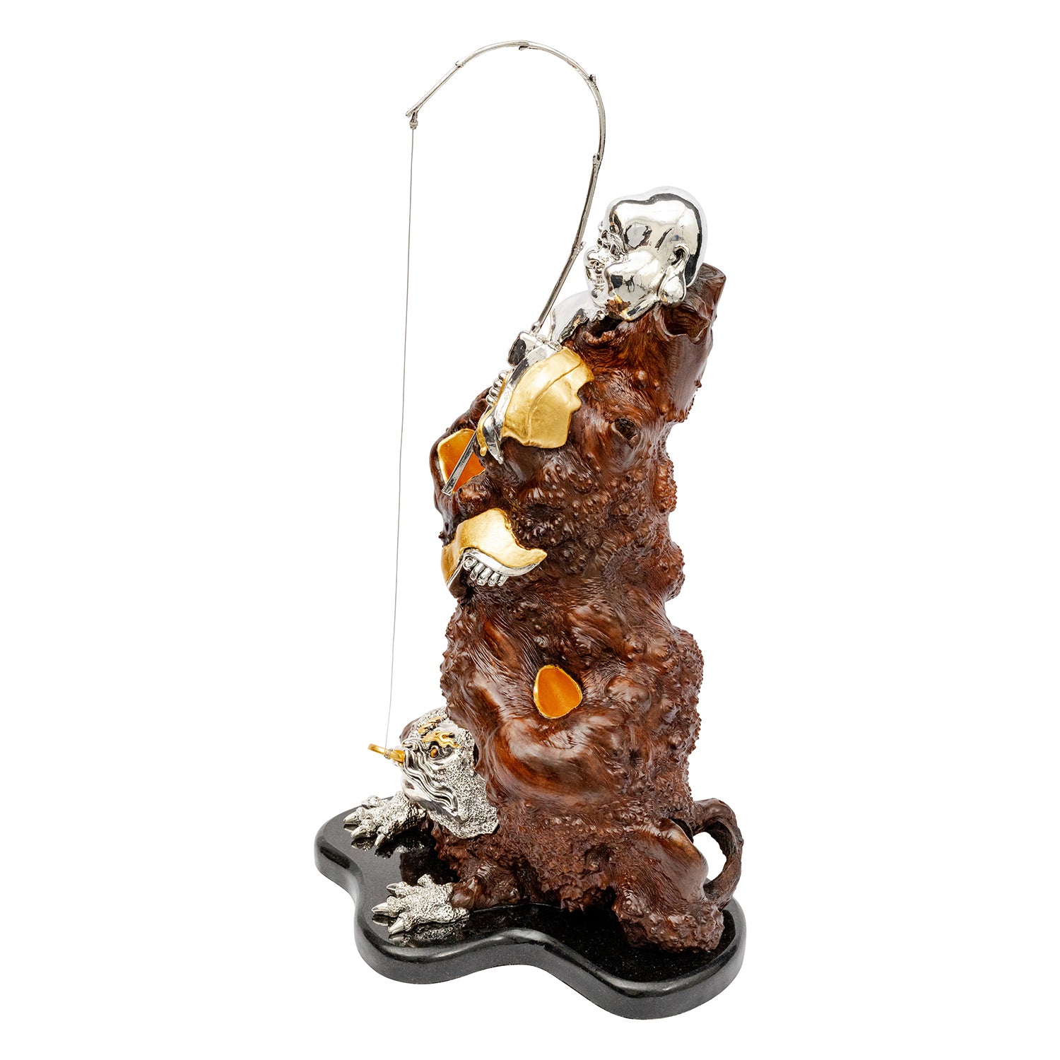 Burl Wood Happy Monk and Lucky Toad Sculpture