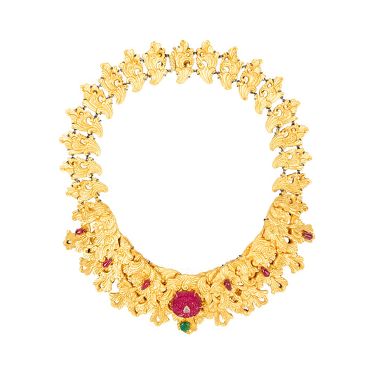 Carved Coconut Necklace, with Ruby, Emerald, Diamond, Emerald