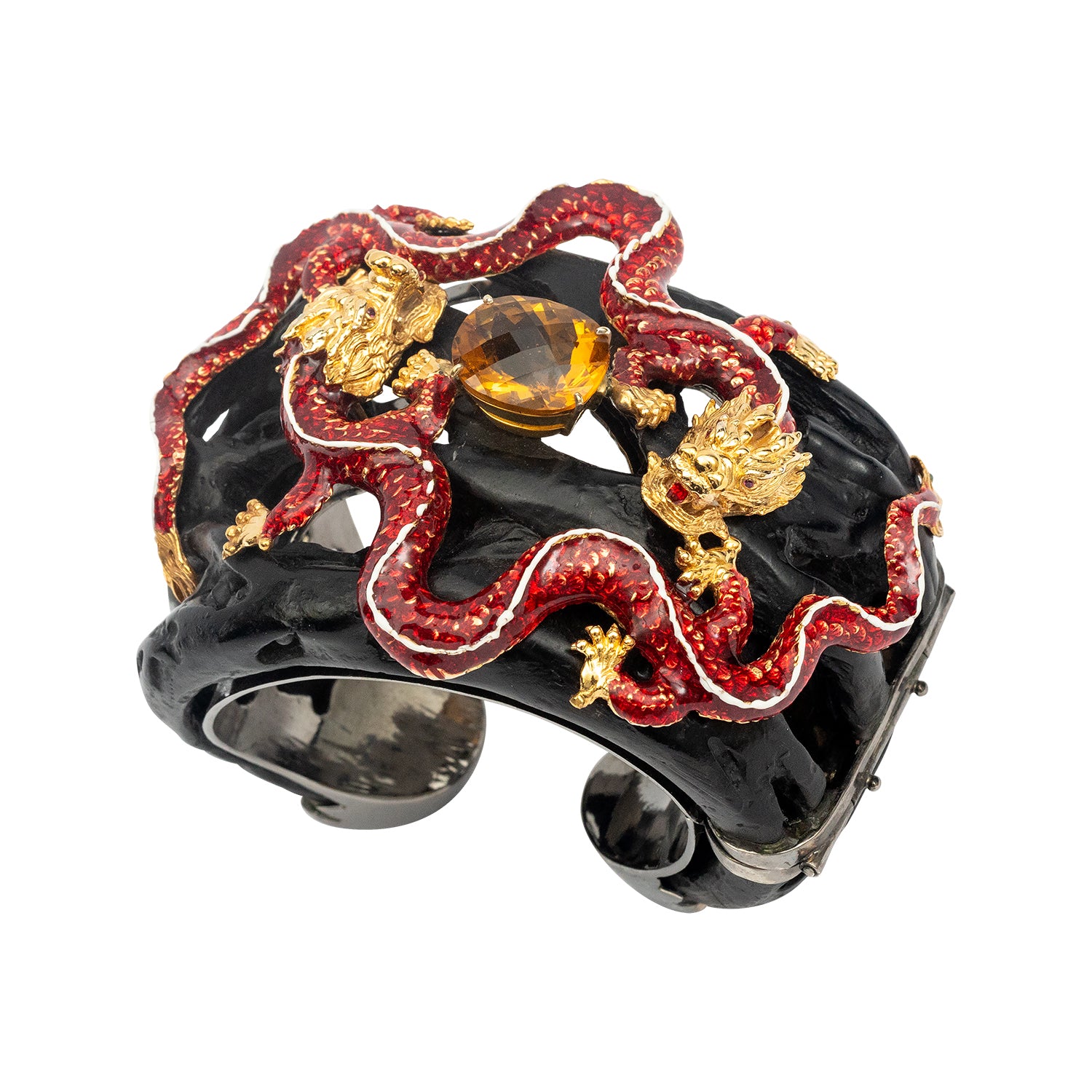 Double Dragon Bangle with Rubies, Topaz and Enamel