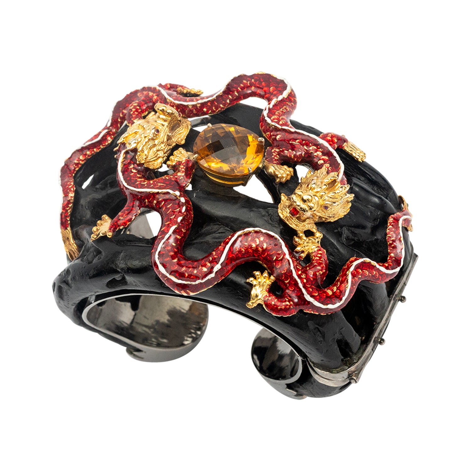 Double Dragon Bangle with Rubies, Topaz and Enamel