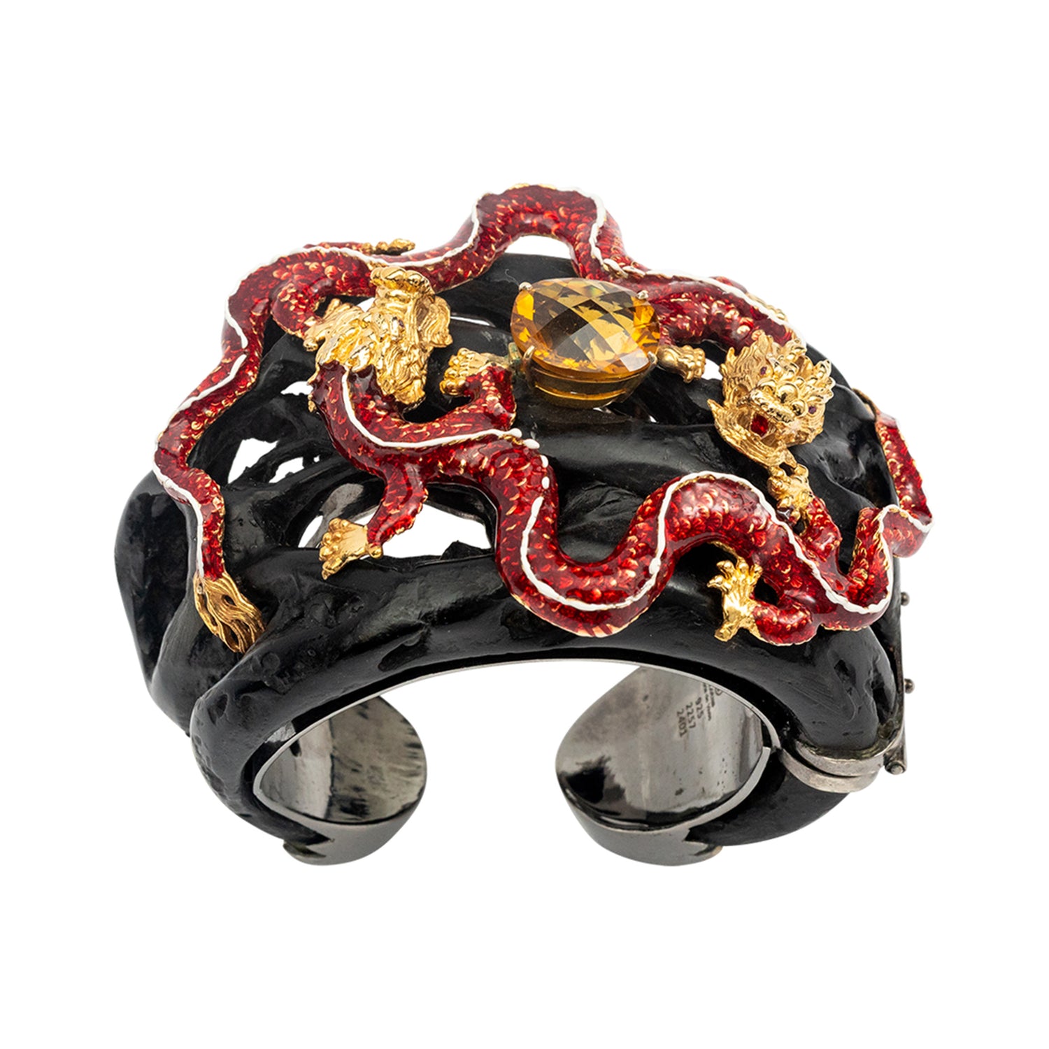 Double Dragon Bangle with Rubies, Topaz and Enamel