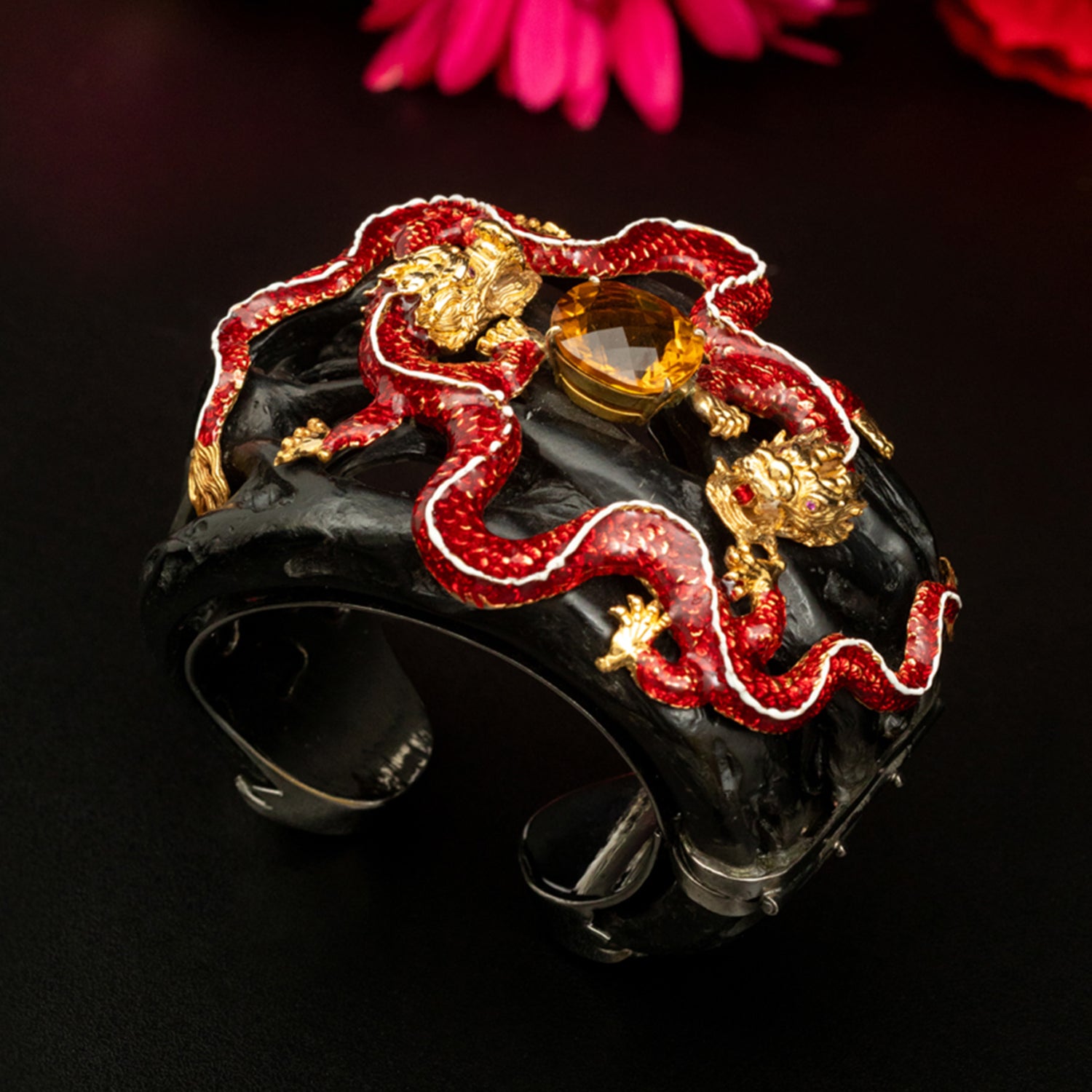 Double Dragon Bangle with Rubies, Topaz and Enamel