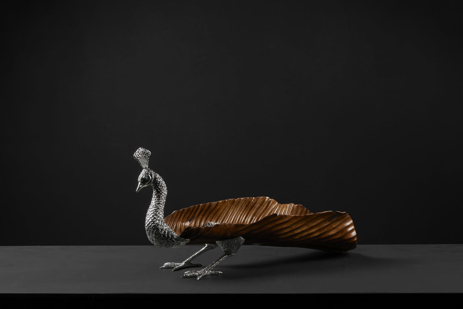 Graceful Peacock Sculpture on Teak Leaf - Size S