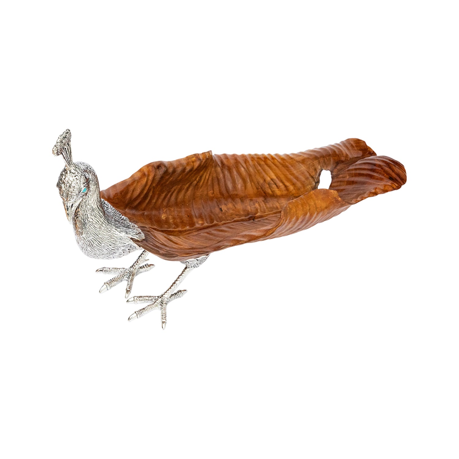Graceful Peacock Sculpture on Teak Leaf - Size S