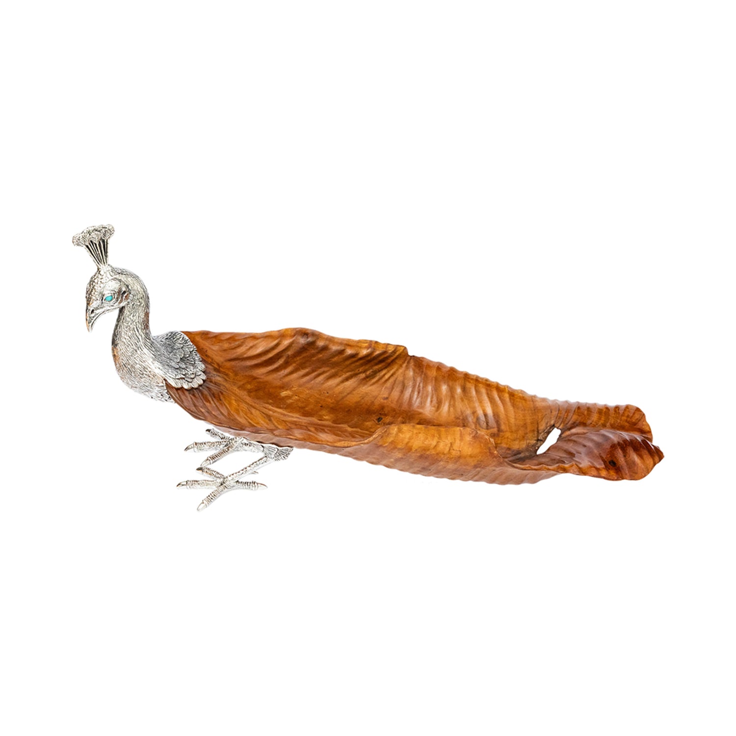 Graceful Peacock Sculpture on Teak Leaf - Size S