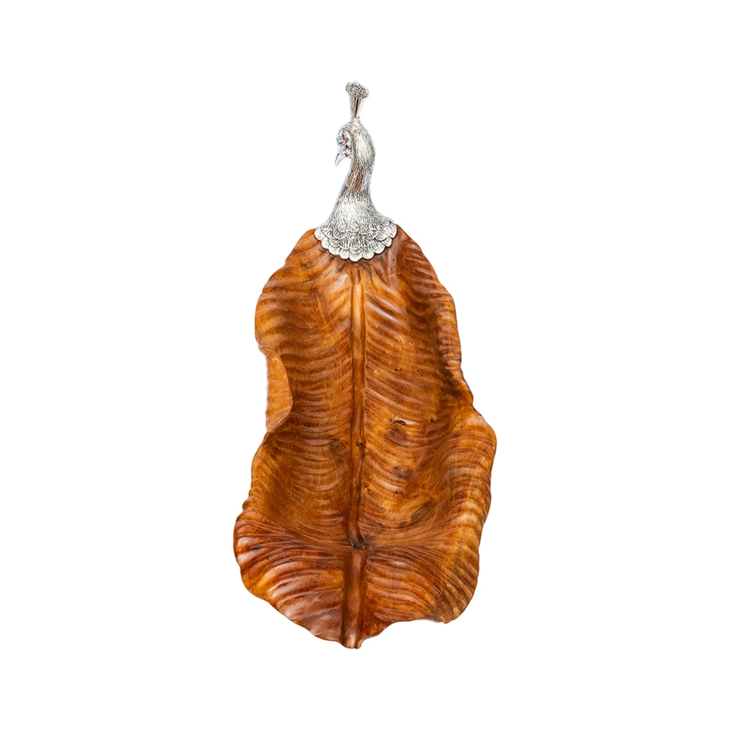 Graceful Peacock Sculpture on Teak Leaf - Size S