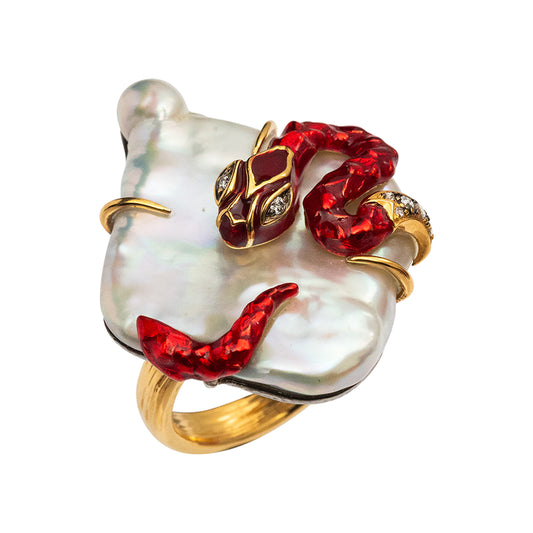 Red Enamel Silver Snake with 9k gold Ring, Pearl and Diamond