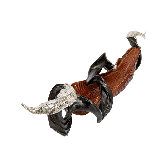 Carved Leaf Teak Root with Silver Snake