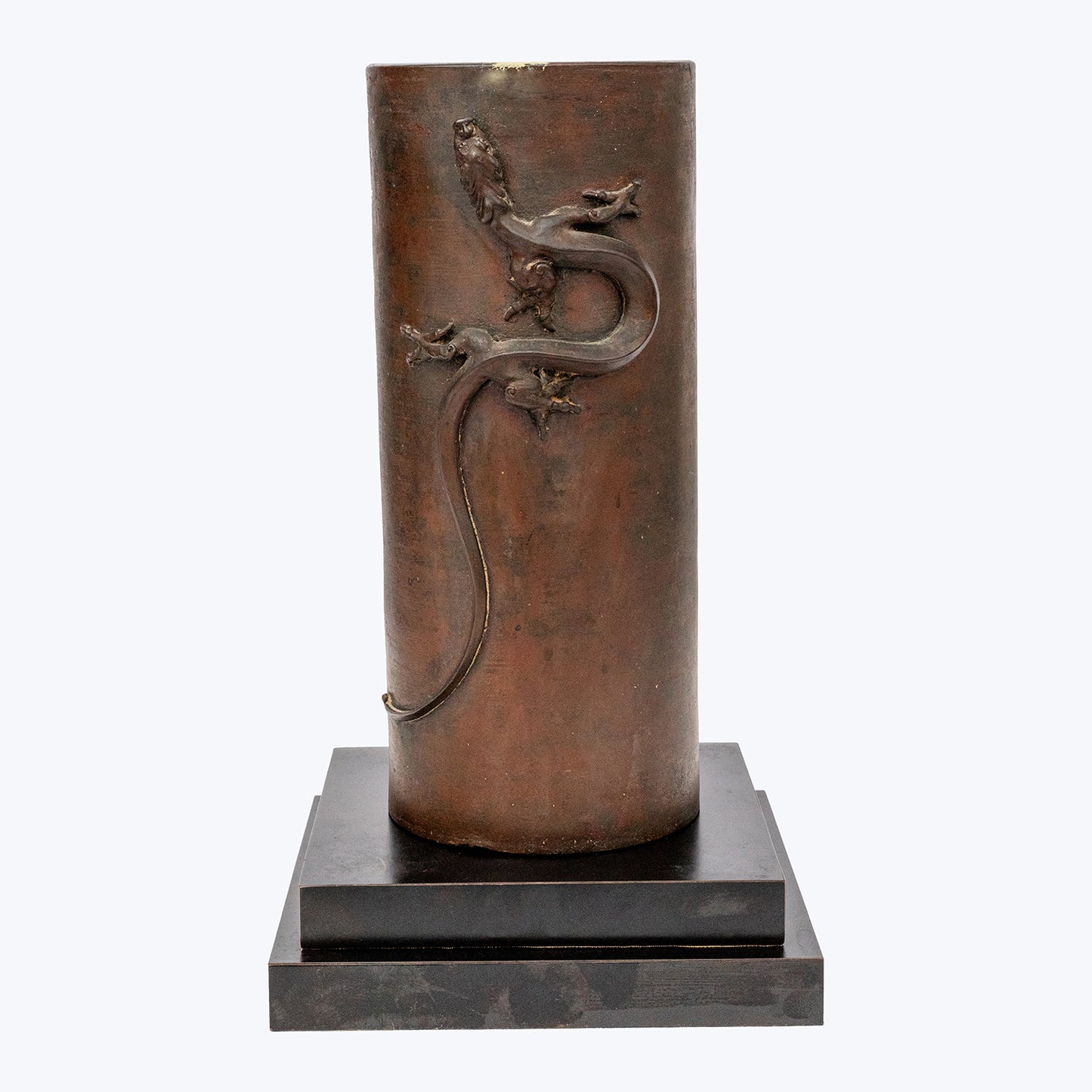 Bronze Holder with Dragon Motif on Wooden Base