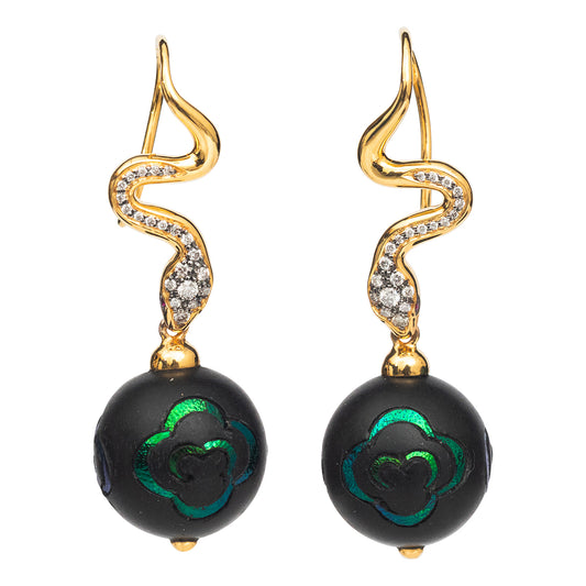 Snake Chasing Scarab Ball Earrings with Diamonds