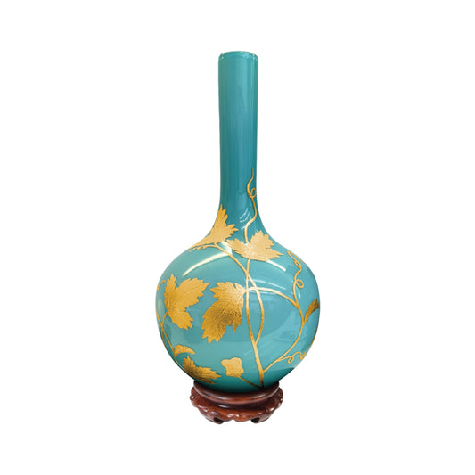Turquoise Glass Vase with Gold Leaf and Wooden Stand