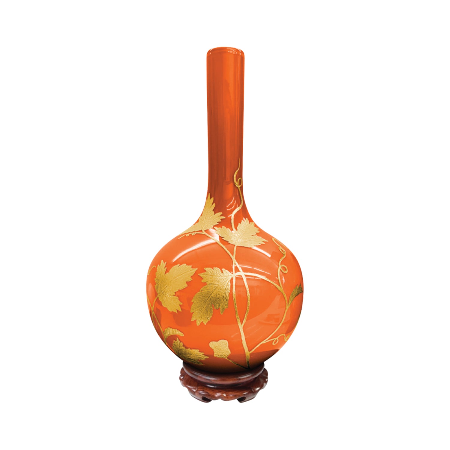 Orange Glass Vase with Gold Leaf and Wooden Stand