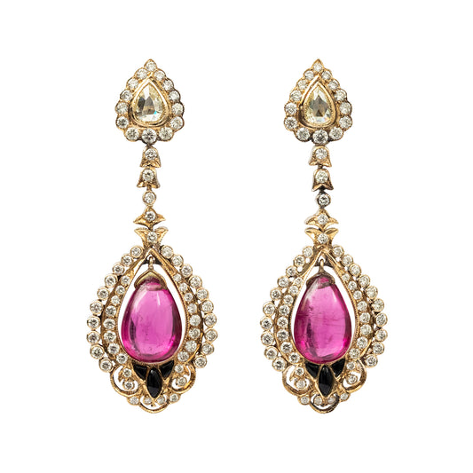 Vintage Rubellite and Fancy Yellow Diamond Earring, Circa 1970