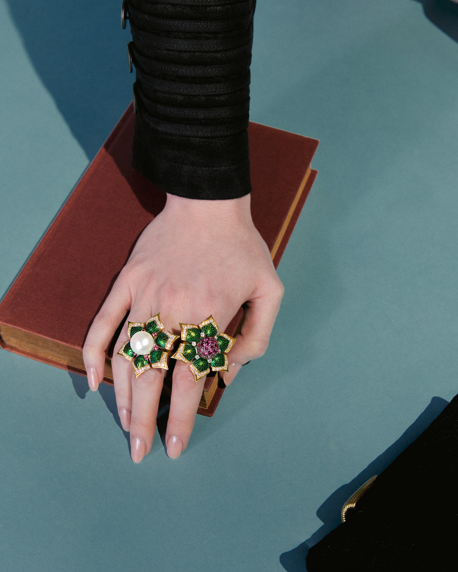 Scarab Floral Rosette Ring with Diamond and Pink Tourmaline