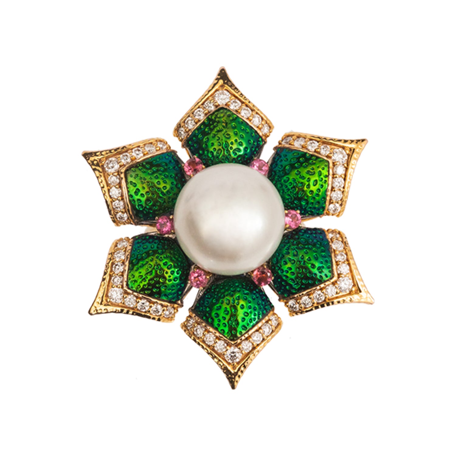 Blooming Lotus Floral Ring with Scarab, Diamond, Pearl & Pink Tourmaline