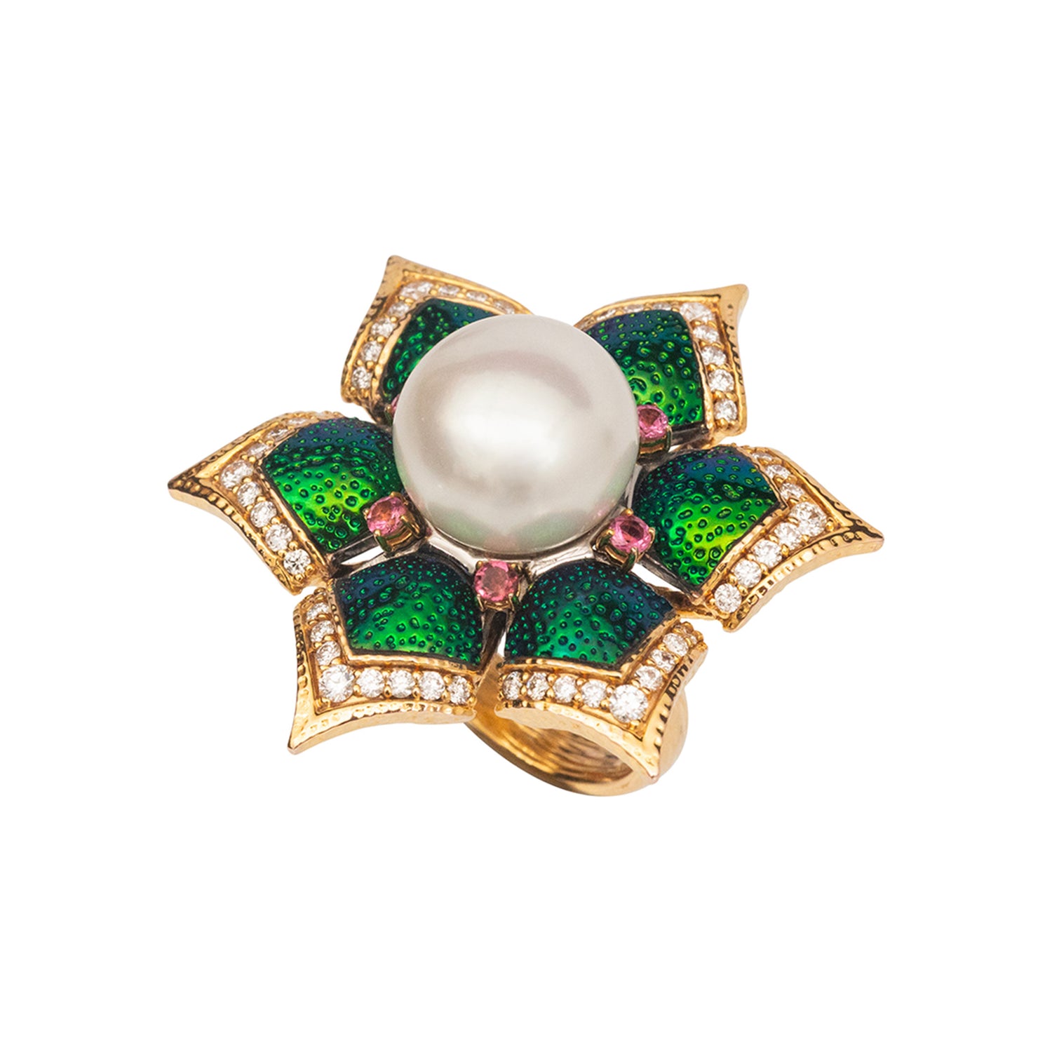 Blooming Lotus Floral Ring with Scarab, Diamond, Pearl & Pink Tourmaline