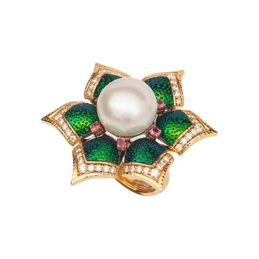 Blooming Lotus Floral Ring with Scarab, Diamond, Pearl & Pink Tourmaline