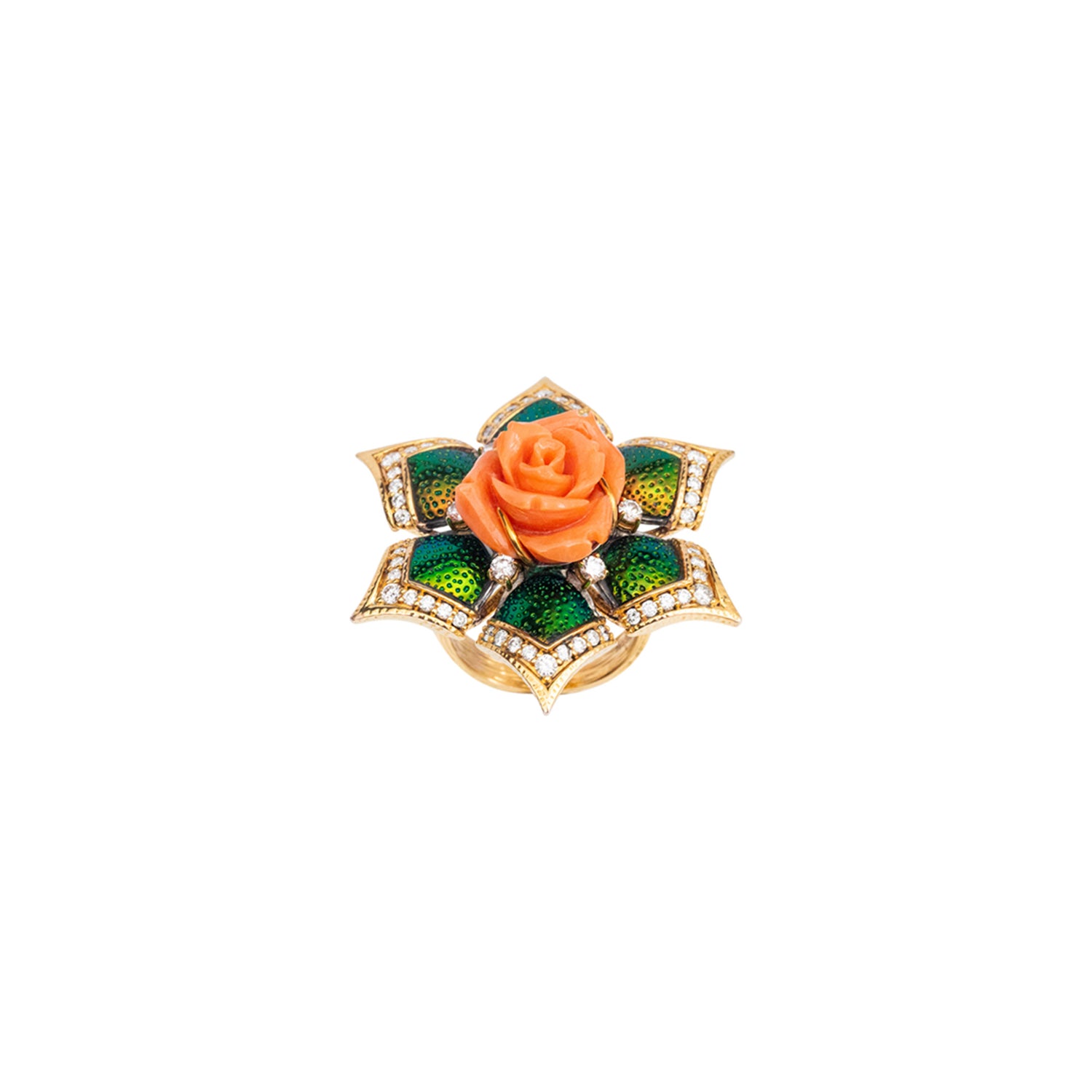 Blooming Lotus Floral Ring with Scarab, Red Stone & Diamond
