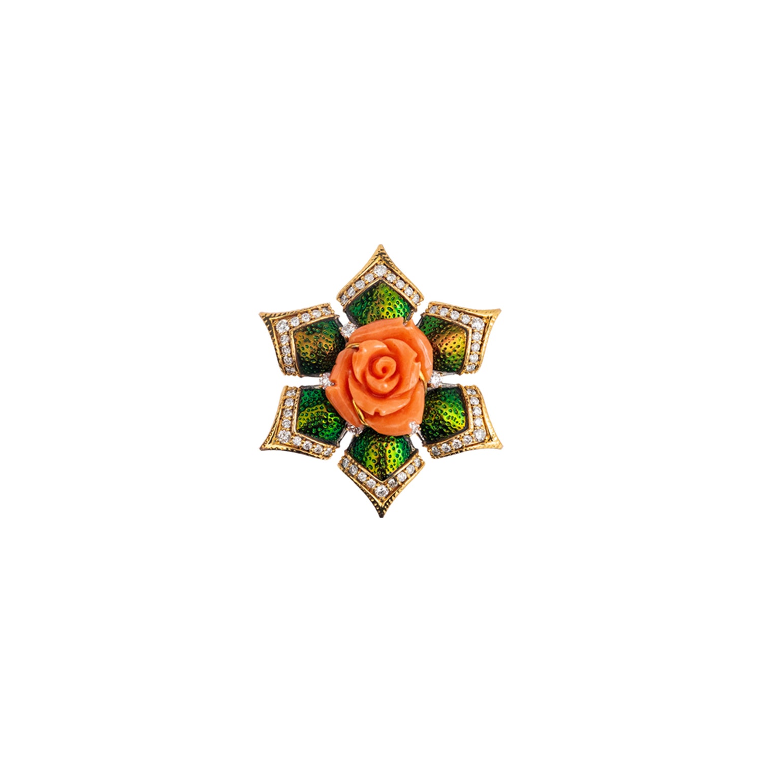Blooming Lotus Floral Ring with Scarab, Red Stone & Diamond