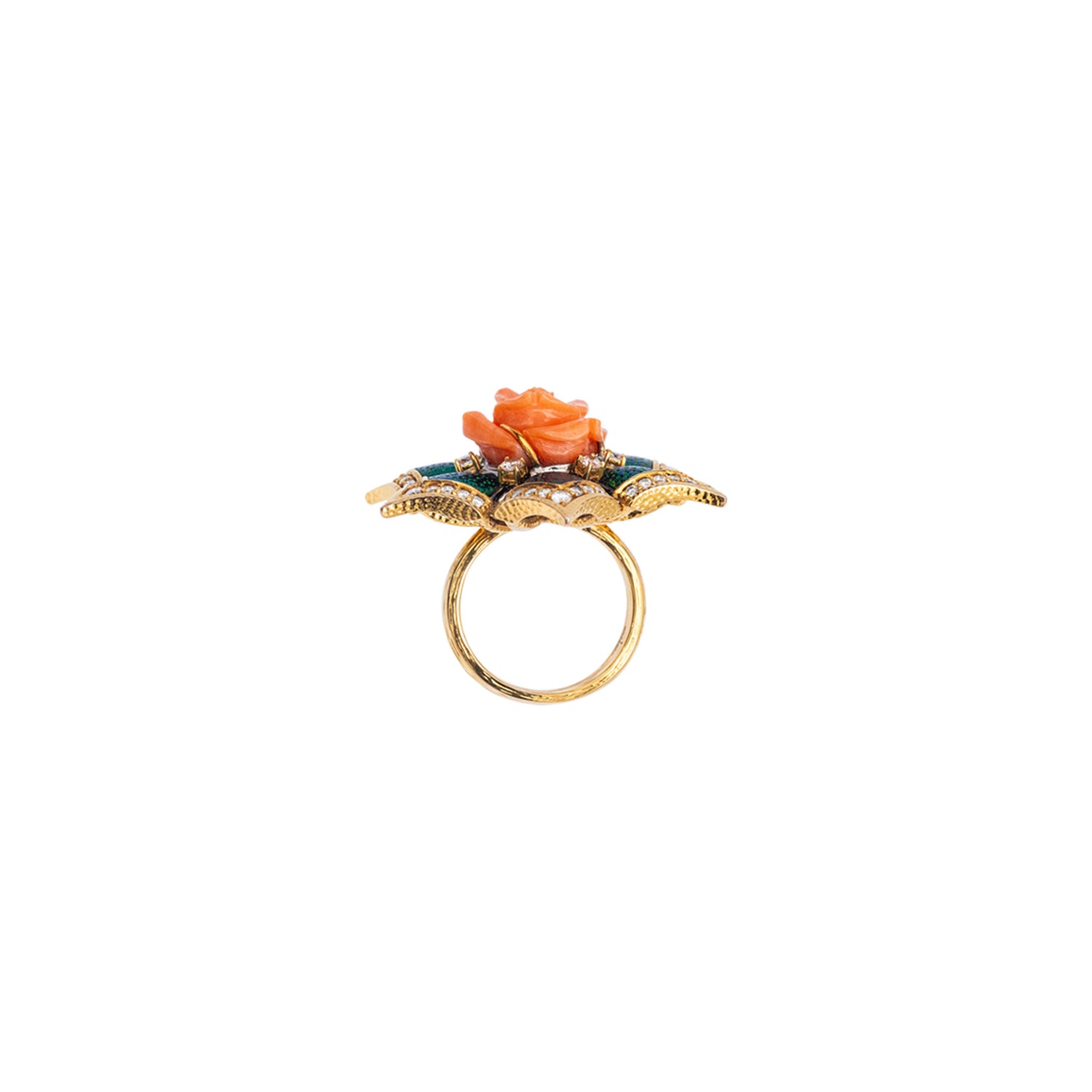 Blooming Lotus Floral Ring with Scarab, Red Stone & Diamond