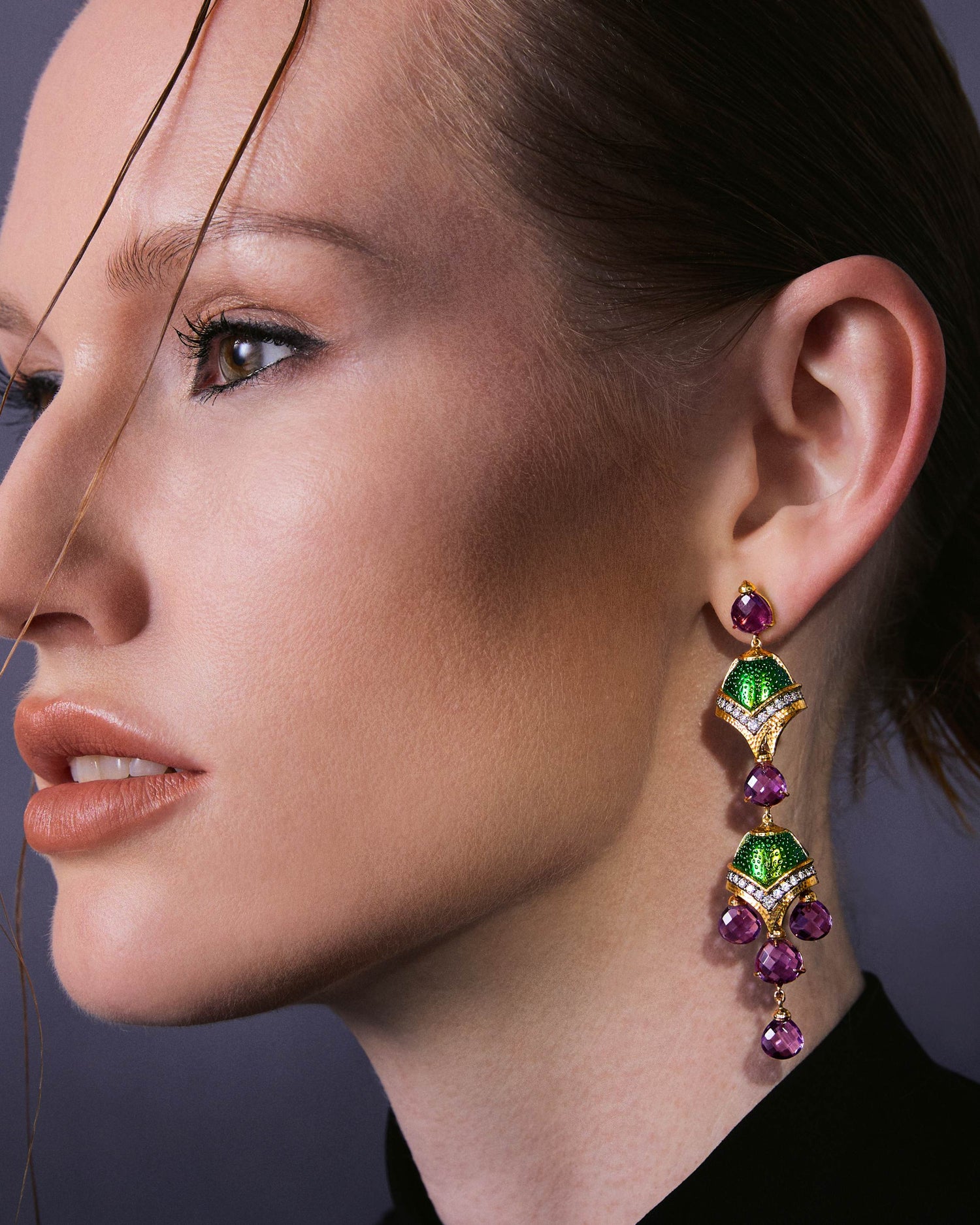 Scarab Waterfall Earrings with Diamond & Taveez Amethyst