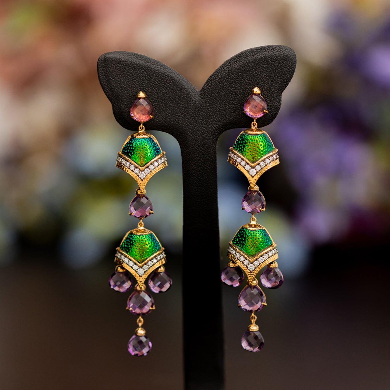 Scarab Waterfall Earrings with Diamond & Taveez Amethyst