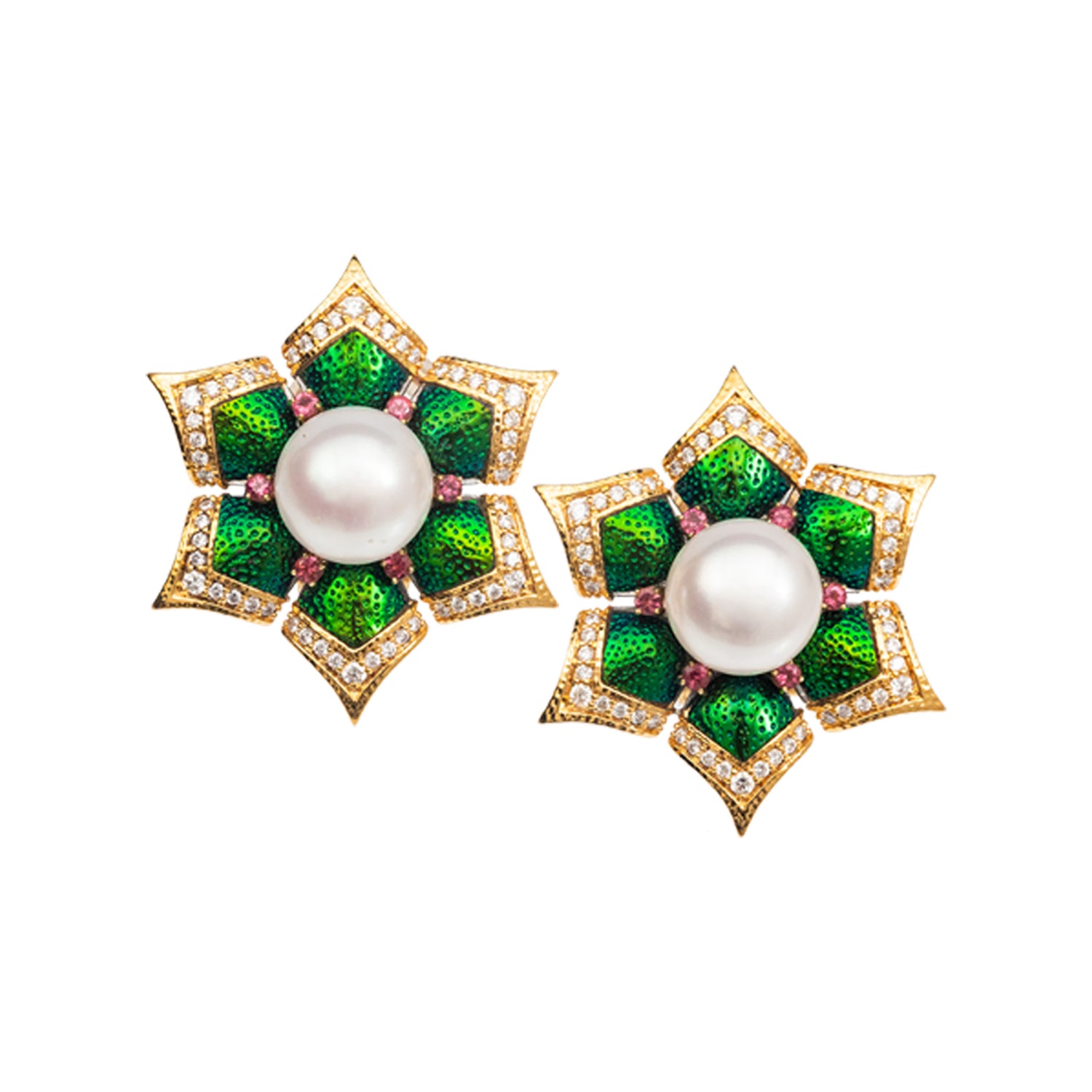 Blooming Lotus Floral Earrings with Scarab, Diamond, Pearl