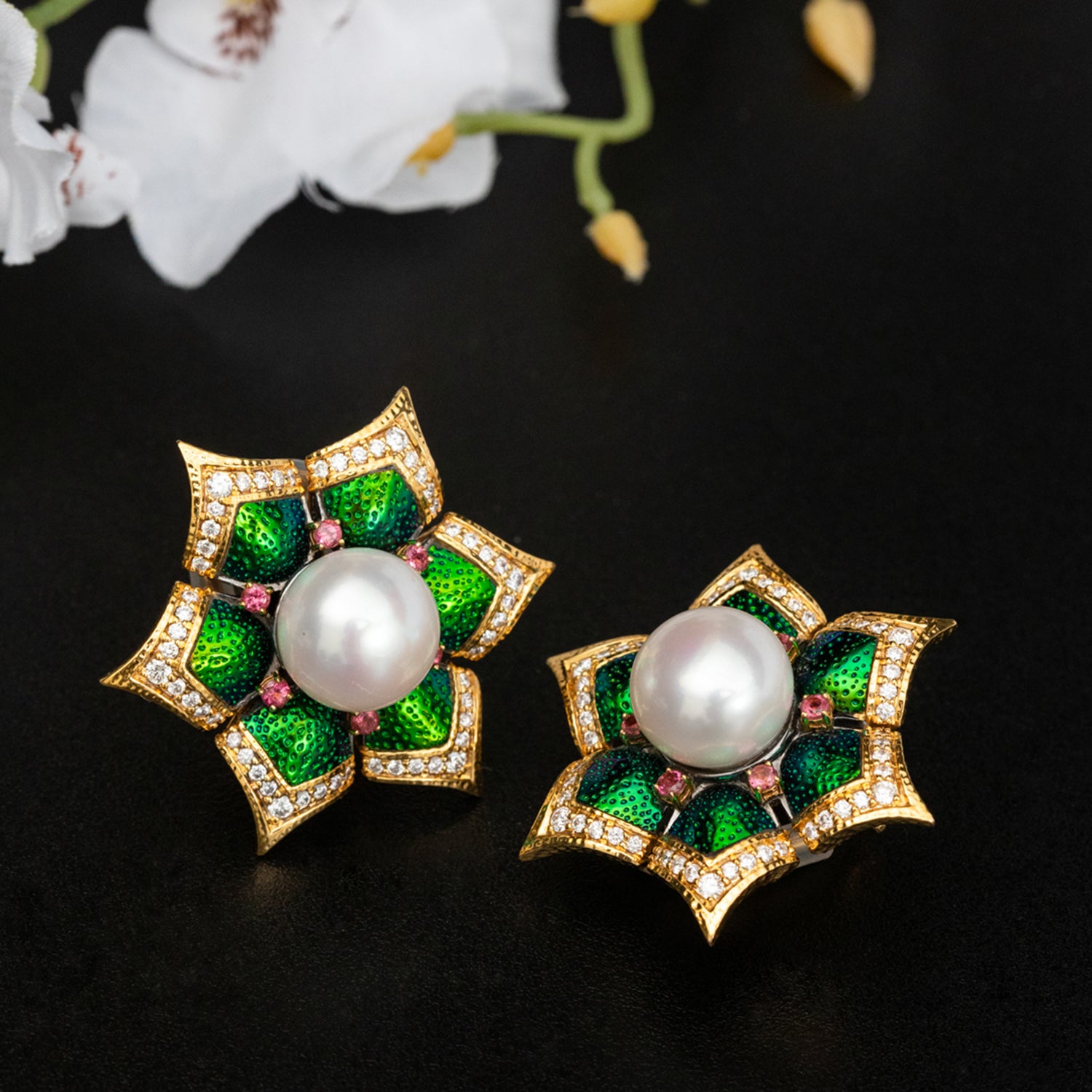 Blooming Lotus Floral Earrings with Scarab, Diamond, Pearl