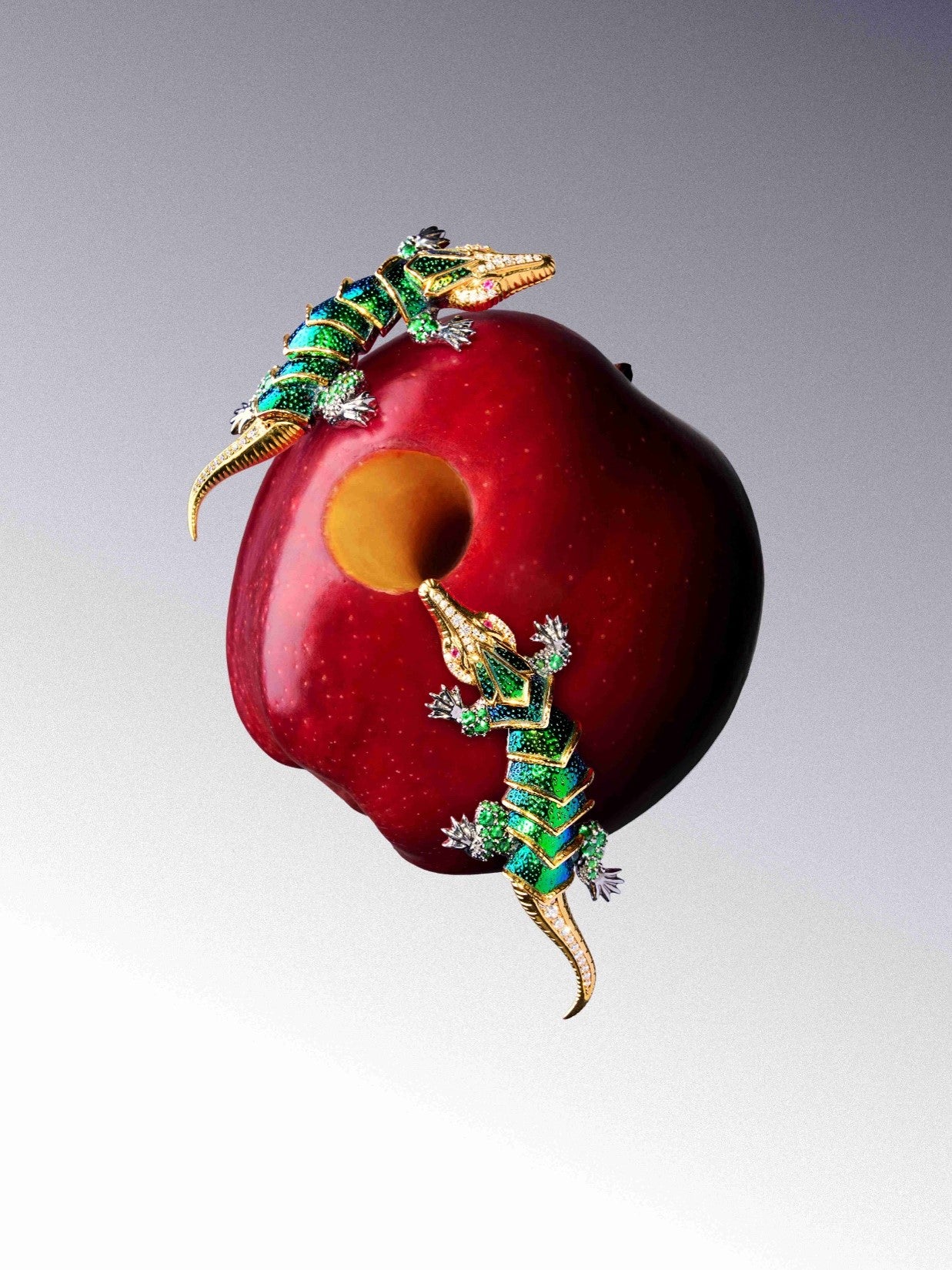 Scarab River Guardian Crocodile Earrings with Diamond, Tsavorite & Ruby