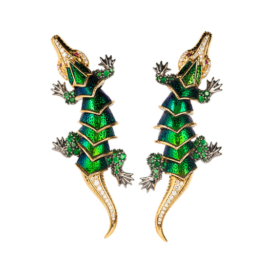 Scarab River Guardian Crocodile Earrings with Diamond, Tsavorite & Ruby