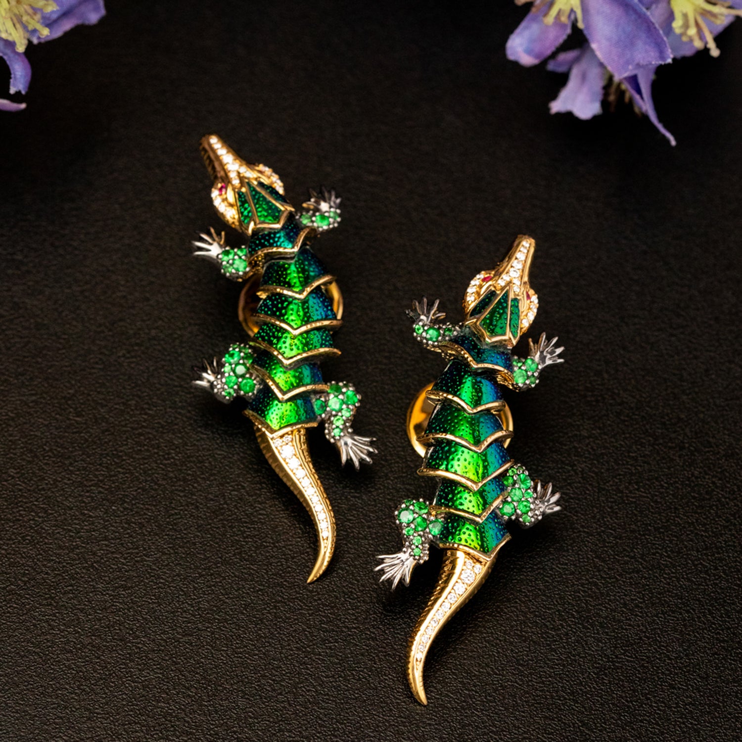 Scarab River Guardian Crocodile Earrings with Diamond, Tsavorite & Ruby