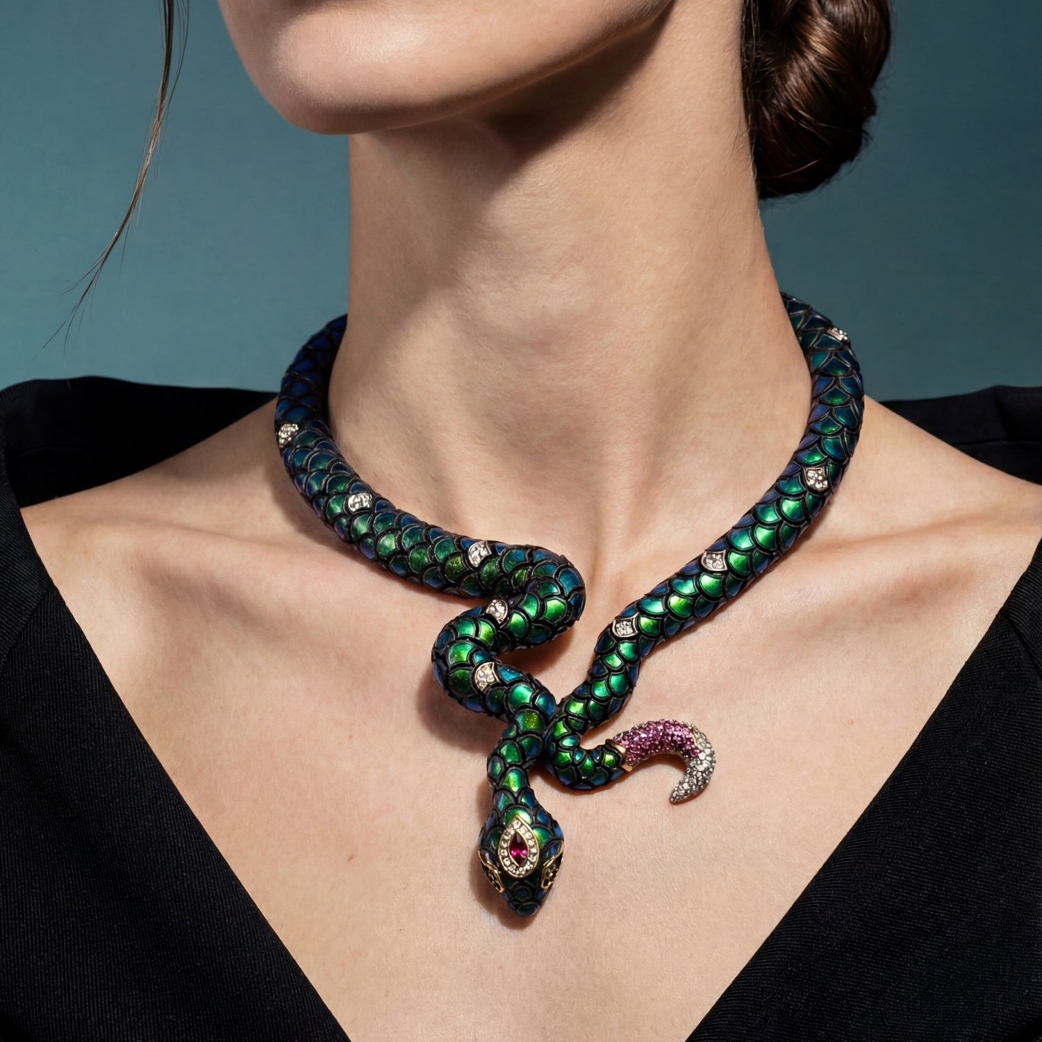Swirling Serpent Scarab Necklace with Diamond, Pink Tourmaline