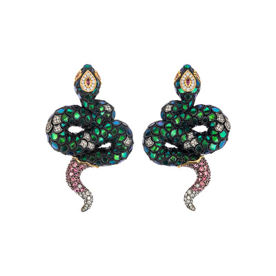 Twin Scarab Serpent Earrings with Diamond & Pink Tourmaline