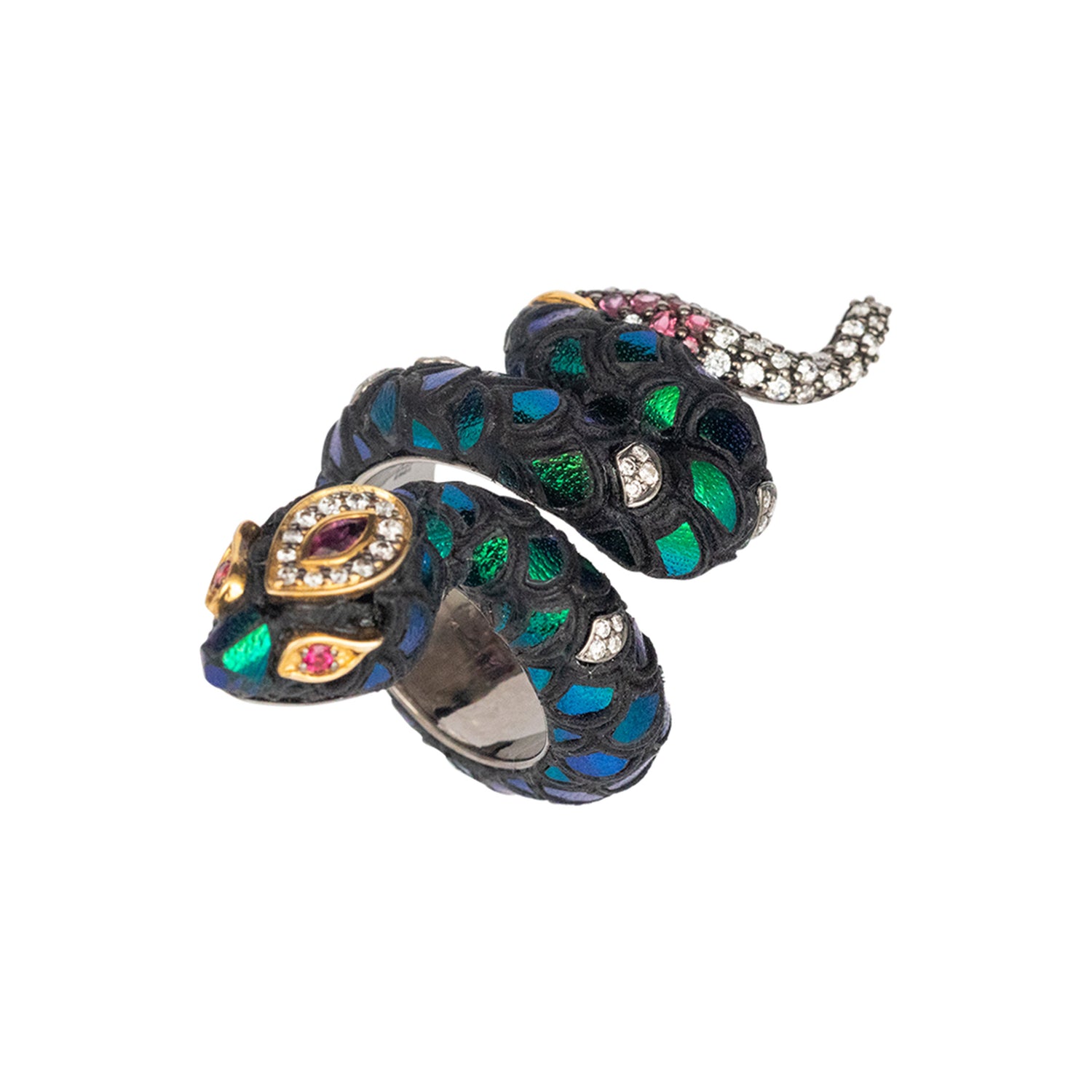 Coiled Serpent Scarab Ring with Diamond & Pink Tourmaline