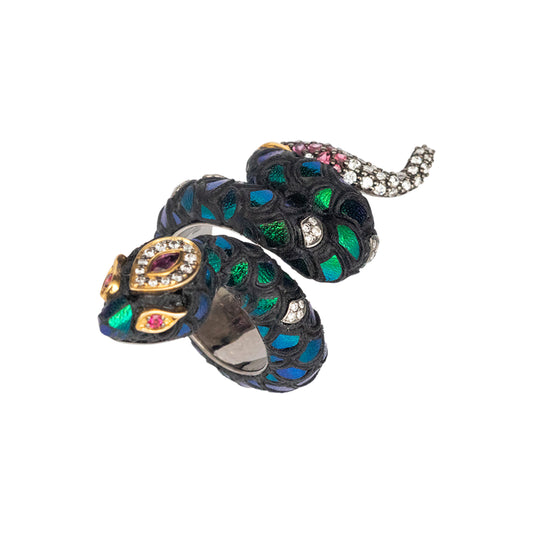 Coiled Serpent Scarab Ring with Diamond & Pink Tourmaline
