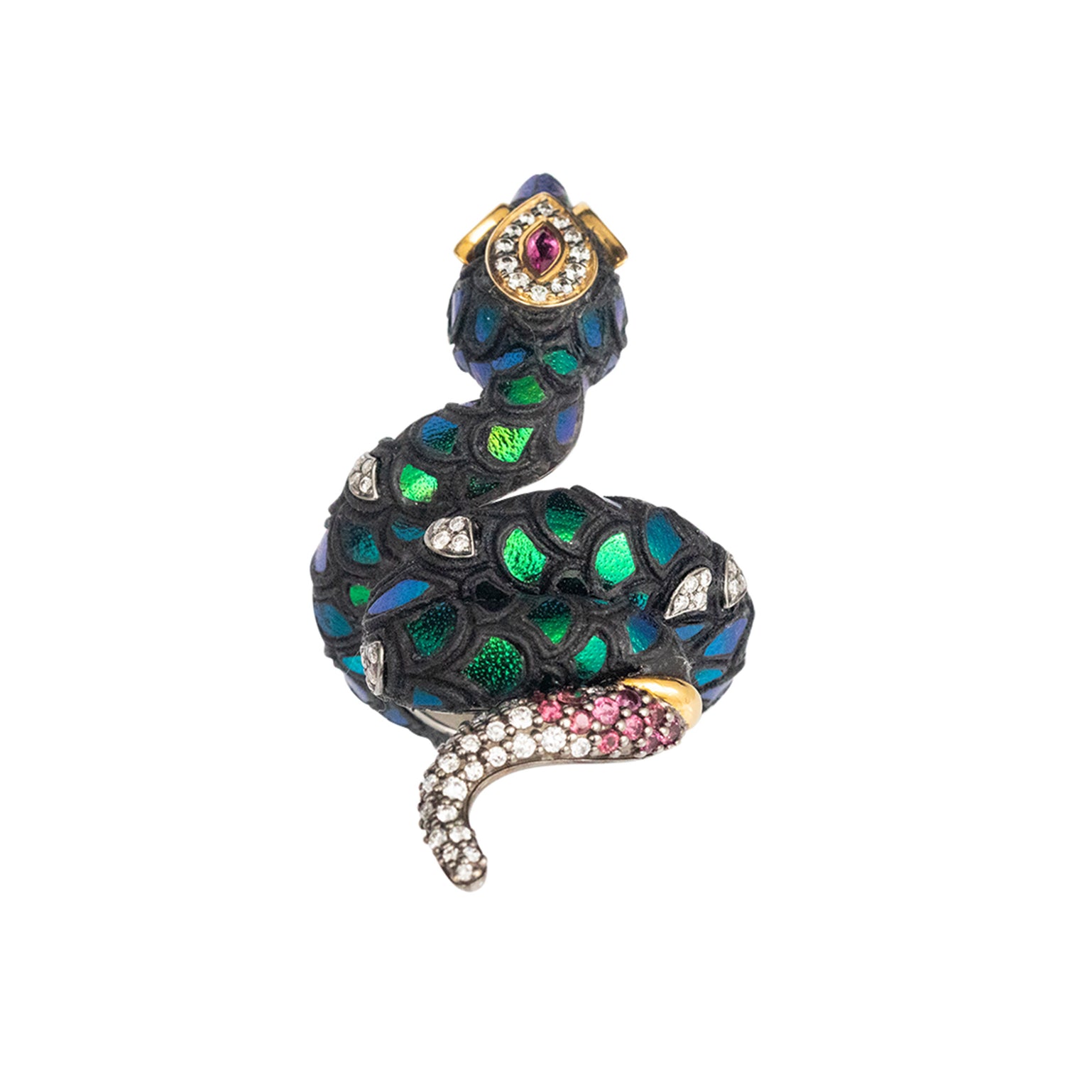 Coiled Serpent Scarab Ring with Diamond & Pink Tourmaline